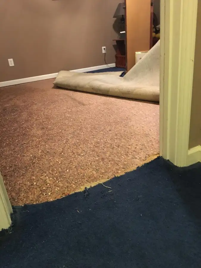 Carpet pad removal revealing water damage during Drying & Dehumidification in Groveton